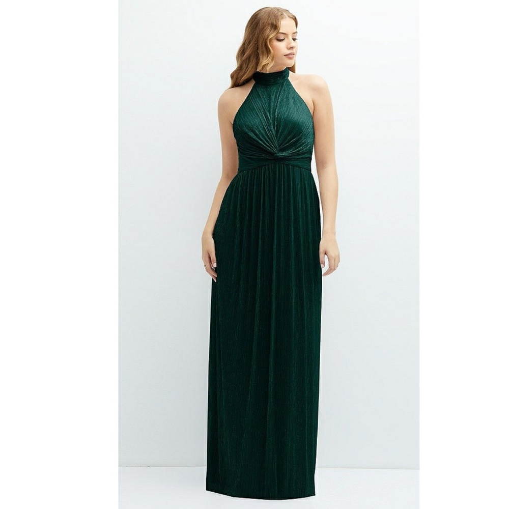 After Six: BAND COLLAR HALTER OPEN-BACK METALLIC PLEATED MAXI DRESS (NWT)